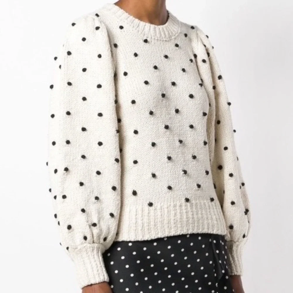 ULLA JOHNSON Womens Adalene Cream Black Pom Pom Puff Sleeve Cotton Sweater Sz M - Picture 5 of 11